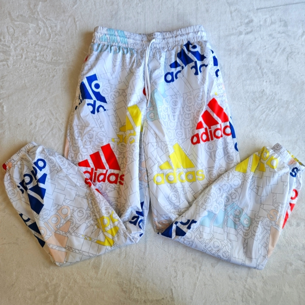 Adidas Women's Essentials Multi-Colored Logo Woven Pants size Medium 12-14 Wind
